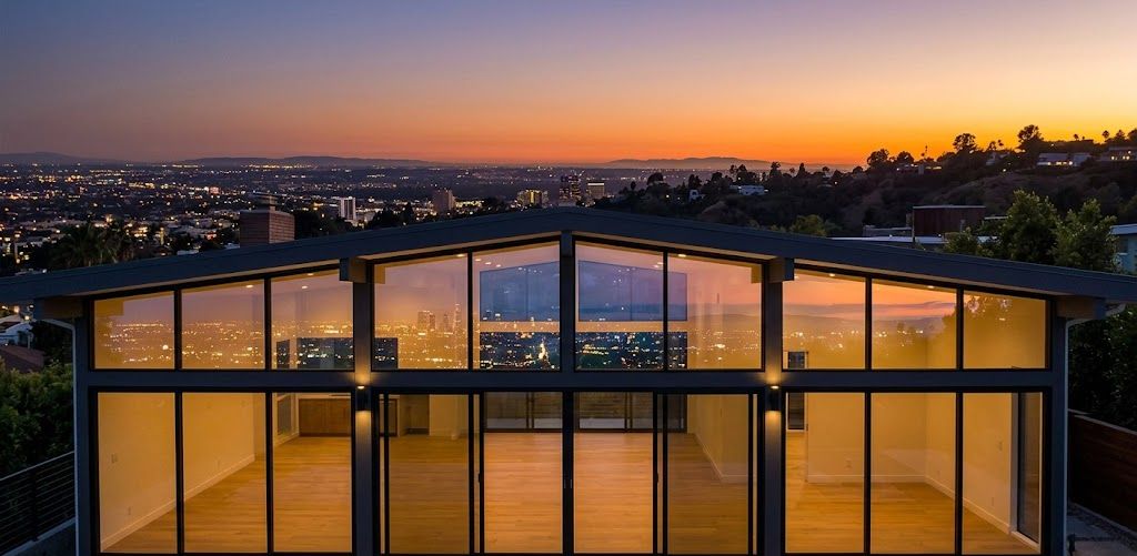 A twilight, elevated photograph of a renovated Mid-Century Modern home in the Hollywood Hills. 